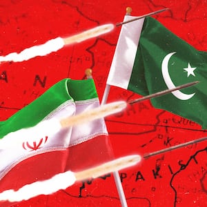 A photo illustration of the flags and map of Iran and Pakistan and rockets.