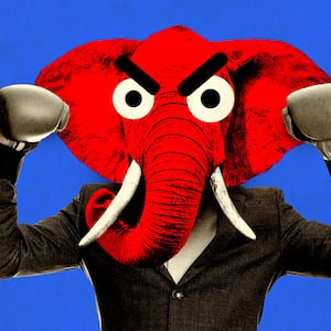 Alt: A photo illustration of a man with an angry elephant head flexing