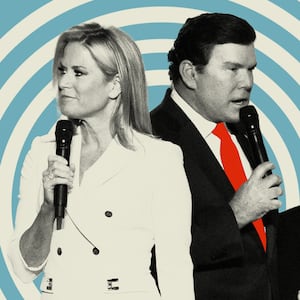 Photo illustration of Bret Baier and Martha MacCallum on a blue and white circle pattern background.