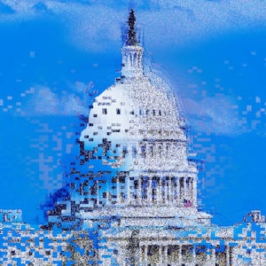 Alt text: A photo illustration showing the U.S. government’s capitol building dissolving into digital pixels.