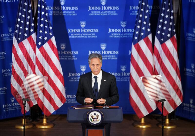 Photograph of Antony Blinken speaking at Johns Hopkins