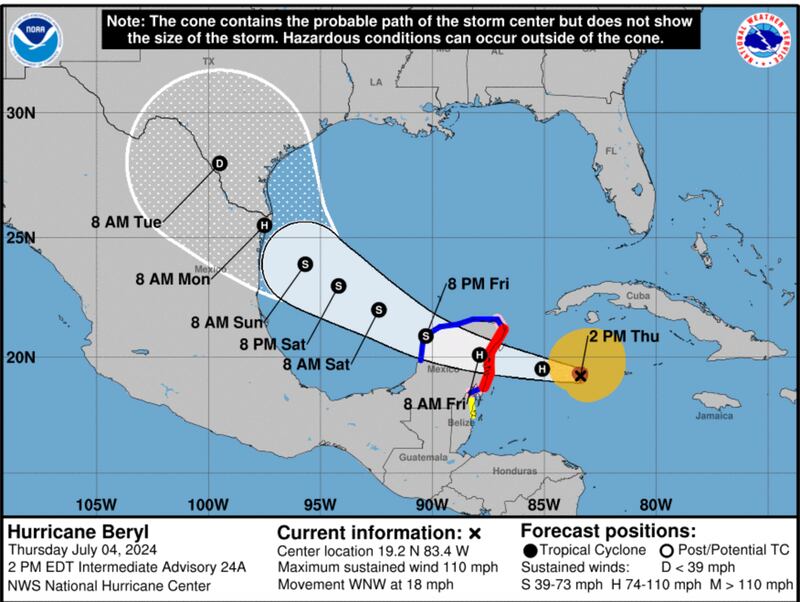 A map of the Carribean showing how Hurricane Beryl will progress