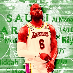 A photo illustration of LeBron James over a green map of Saudi Arabia.