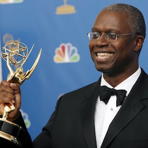 Andre Braugher poses after winning an Emmy for outstanding lead actor in a miniseries or movie