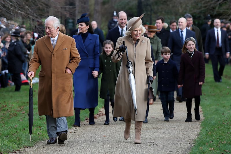 King Charles, Queen Camilla, William, Prince of Wales, Catherine, Princess of Wales, Prince George, Princess Charlotte, Prince Louis and Mia Tindall arrive to attend the Royal Family's Christmas Day service at St. Mary Magdalene's church, as the Royals take residence at the Sandringham estate in eastern England, Britain December 25, 2023.