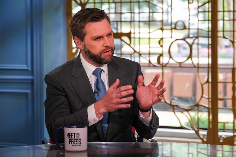 A picture of Senator J.D. Vance behind a desk on a news show