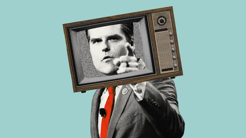 Photo illustration of Rep. Matt Gaetz (R-FL) with a TV on his head.