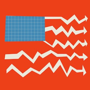 Illustration of a modified American flag with a blue graph paper grid and white stock arrows as the lines in the flag.