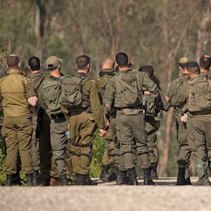 Israeli soldiers patrol in a location near the border with Lebanon on February 11, 2024 in Northern Israel, Israel.