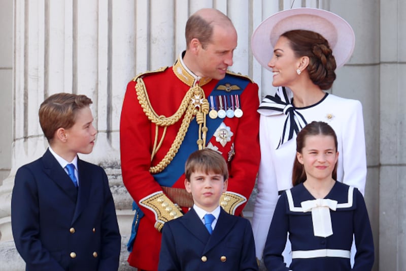 Prince George, Prince William, Prince Louis, Princess Charlotte, and Kate Middleton during Trooping the Colour at Buckingham Palace on June 15, 2024 in London, England.