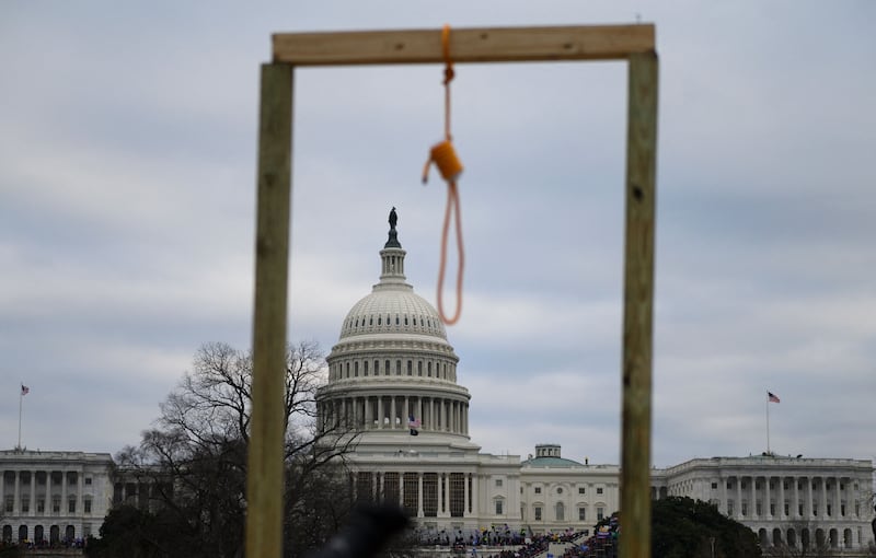 Gallows erected outside the capitol building to hang lawmakers who certified the results of the 2020 election on Jan. 6, 2021.