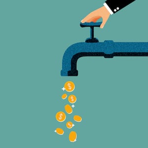 A photo illustration of a faucet trickling out coins.