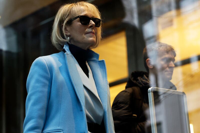 E. Jean Carroll arrives for her civil defamation trial against former President Donald Trump.