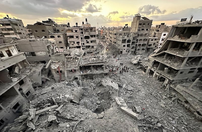 An aerial picture of collapsed buildings in Gaza