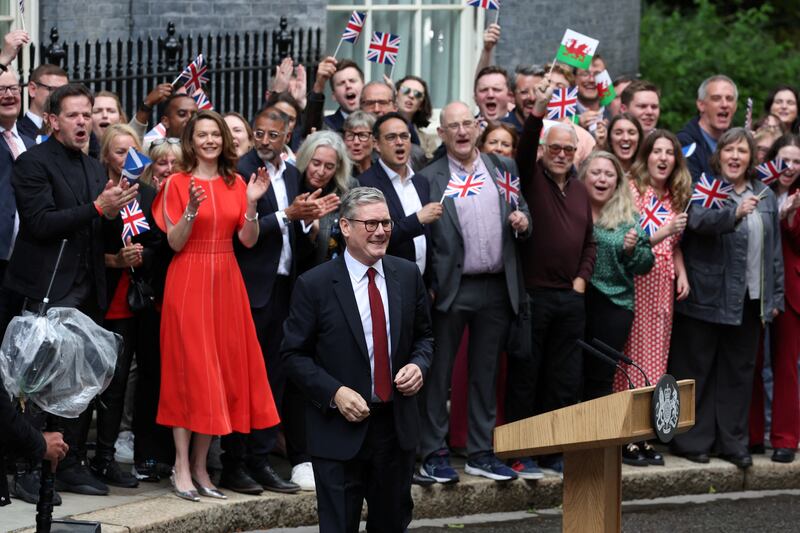 British Prime Minister Keir Starmer reacts, at Number 10 Downing Street, following the results of the election.