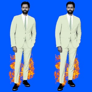 Photo illustration of Hasan Minhaj with his pants on fire