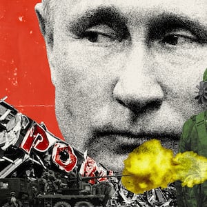 Photo illustration of Vladimir Putin with destroyed buildings in Ukraine, a soldier holding a bomb, and a tank shooting.