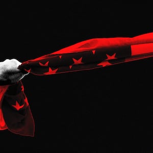 An illustration that includes images of Two People holding the American Flag.