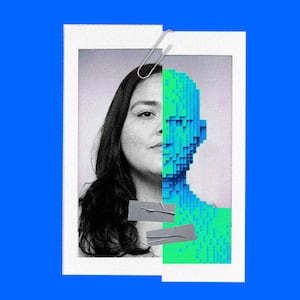 A photo illustration shows a picture of a human woman shoddily taped together with an AI humanoid