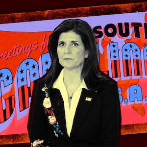 A photo illustration of Nikki Haley and a South Carolina postcard.