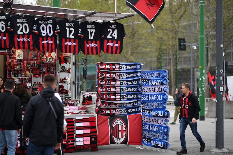 Merchandise for sale outside the AC Milan stadium before a match against Napoli.