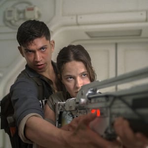 Archie Renaux as Tyler and Cailee Spaeny as Rain Carradine in Alien: Romulus.