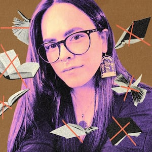 A photo illustration of Cait Corrain with books floating around her with X’s through them.