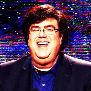 A photo illustration of Dan Schneider on TV static.