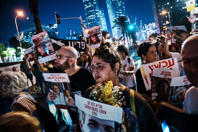 A photograph of demonstrations by community members calling for the release of more than 200 hostages captured by Hamas after their October 7th attack on communities near Gaza.