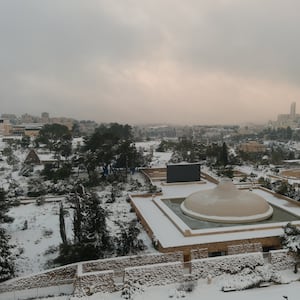 An aerial view shows the Israel Museum in snow-covered Jerusalem, Jan. 27, 2022.