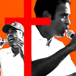 A photo illustration showing two silhouettes of Vivek Ramaswamy behind a red Christian cross.