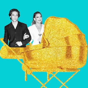 A photo illustration showing Kate Hudson and her son Ryder Robinson, in a Nepo Baby carriage.