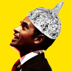 Photo illustration of Vivek Ramaswamy wearing a tinfoil hat on a yellow background