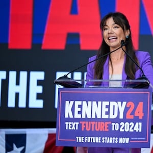 California attorney Nicole Shanahan speaks after Independent US presidential candidate Robert F. Kennedy, Jr. announced her as his running mate for vice president in Oakland, California, on March 26, 2024.