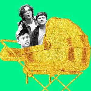 Photo illustration of the members of Please Don’t Destroy in a golden, glitter baby pram.