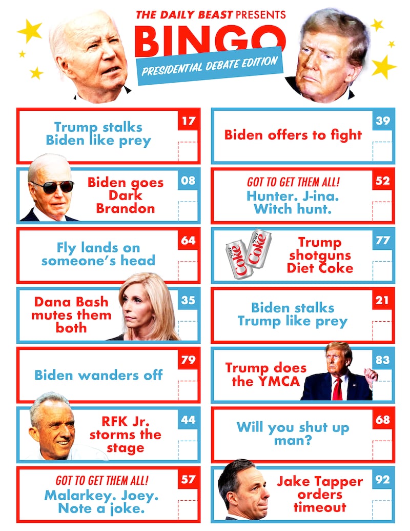 Presidential debate bingo card with Joe Biden and Donald Trump