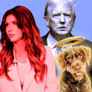 A photo illustration of Kristi Noem, Donald Trump, and an angel dog.