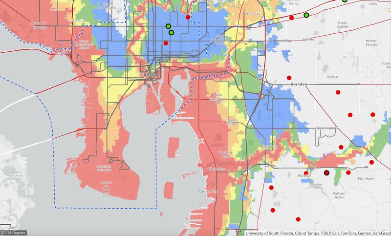 A map shows mandatory evacuation zones, in red and orange, in Tampa ahead of Hurricane Milton's forecasted landfall.