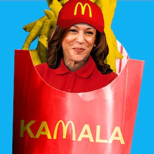 Photo illustration of Kamala Harris smiling amid McDonalds french fries.