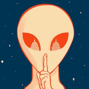 Illustration of an alien holding his finger to his mouth with the US Capitol Building reflected in the eyes.