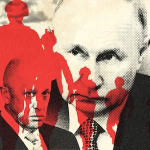 A photo illustration featuring Yevgeny Prigozhin and Vladimir Putin with the silhouette of soldiers on the foreground  