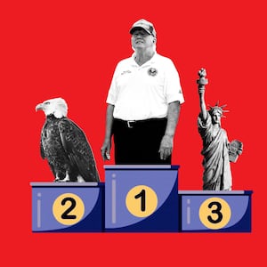 A photo illustration of a podium with a bald eagle in second place, teh statue of liberty in third, and Donald Trump in first.