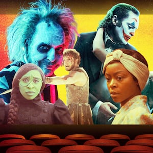 A photo illustration of stills from Joker: Folie à Deux, Beetlejuice Beetlejuice, Wicked, Gladiator 2, and The Piano Lesson.