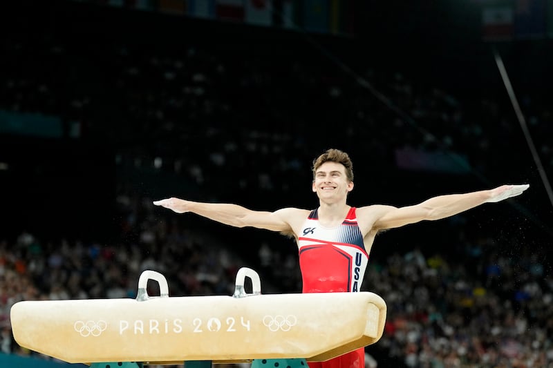 Stephen Nedoroscik of Team USA competes on the pommel horse during the 2024 Paris Olympics.