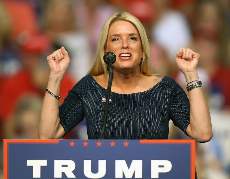 Florida Attorney General Pam Bondi speaks before the arrival of Republican presidential nominee Donald Trump during his campaign event at the Ocean Center Convention Center on August 3, 2016 in Daytona, Florida. Trump continued to campaign for his run for president of the United States.