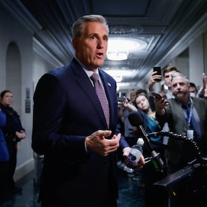 Former Speaker of the House Kevin McCarthy (R-CA) speaks to reporters, after he was ousted from the position of Speaker