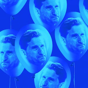 A photo illustration of Dean Phillips on party balloons