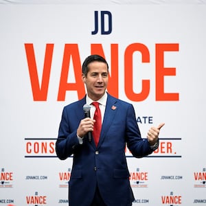 Former Republican senate candidate Bernie Moreno introduces JD Vance and Donald Trump Jr. at an event ahead of next month's primary election in Independence, Ohio, U.S., April 20, 2022.