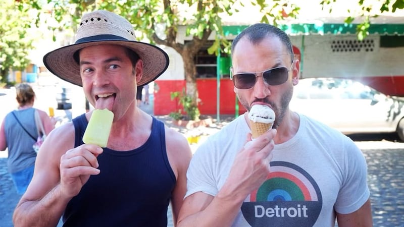 A photo of Devon Hoover eating Ice Cream with Jordan on a Trip.