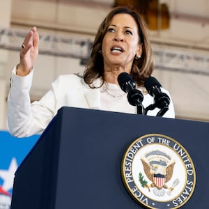 US Vice President and Democratic presidential candidate Kamala Harris speaks during a campaign rally at Detroit Metropolitan Airport in Romulus, Michigan, August 7, 2024. 